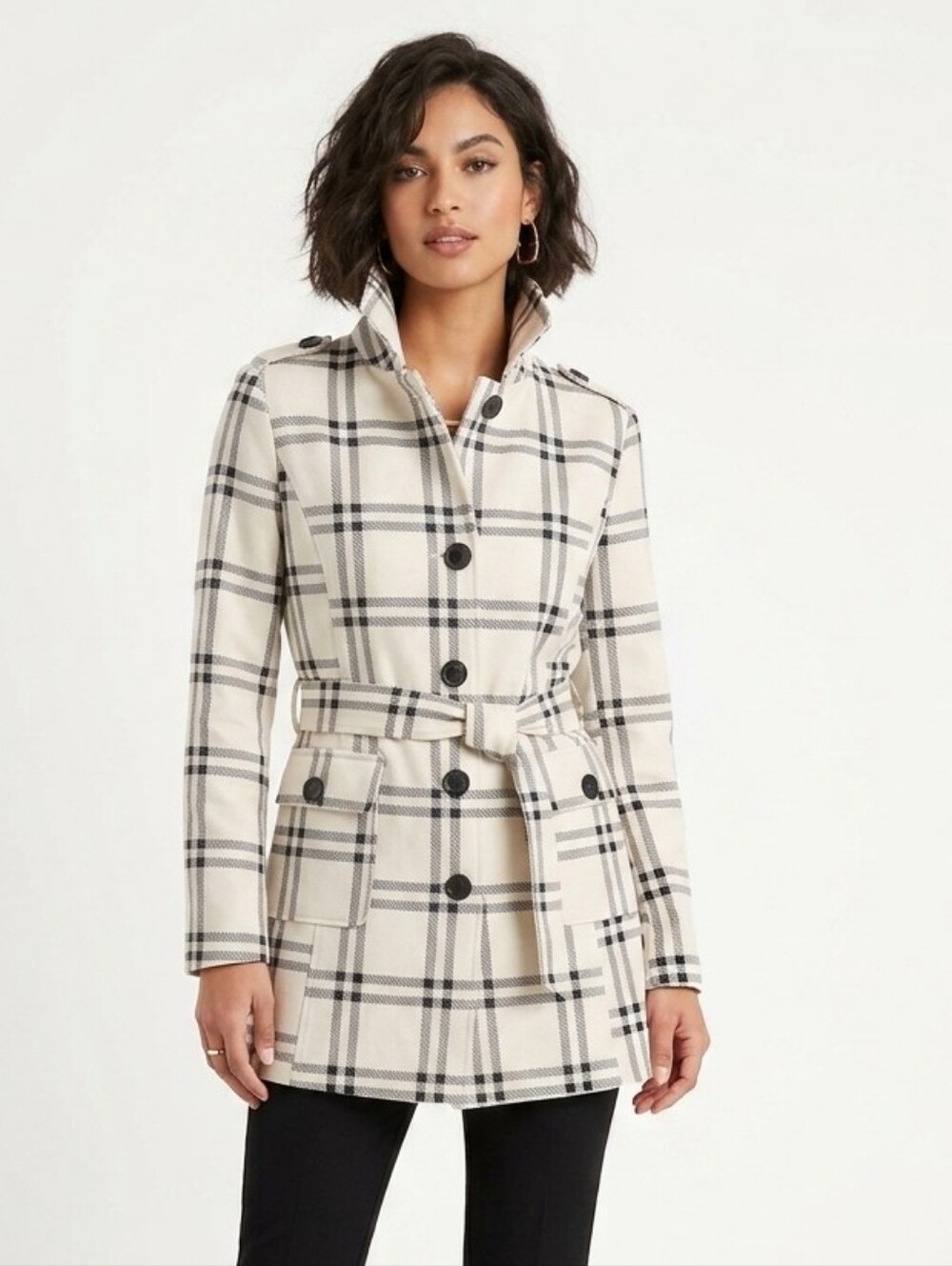 Solitaire Cream Plaid Trench Coat XL - Picture 3 of 14